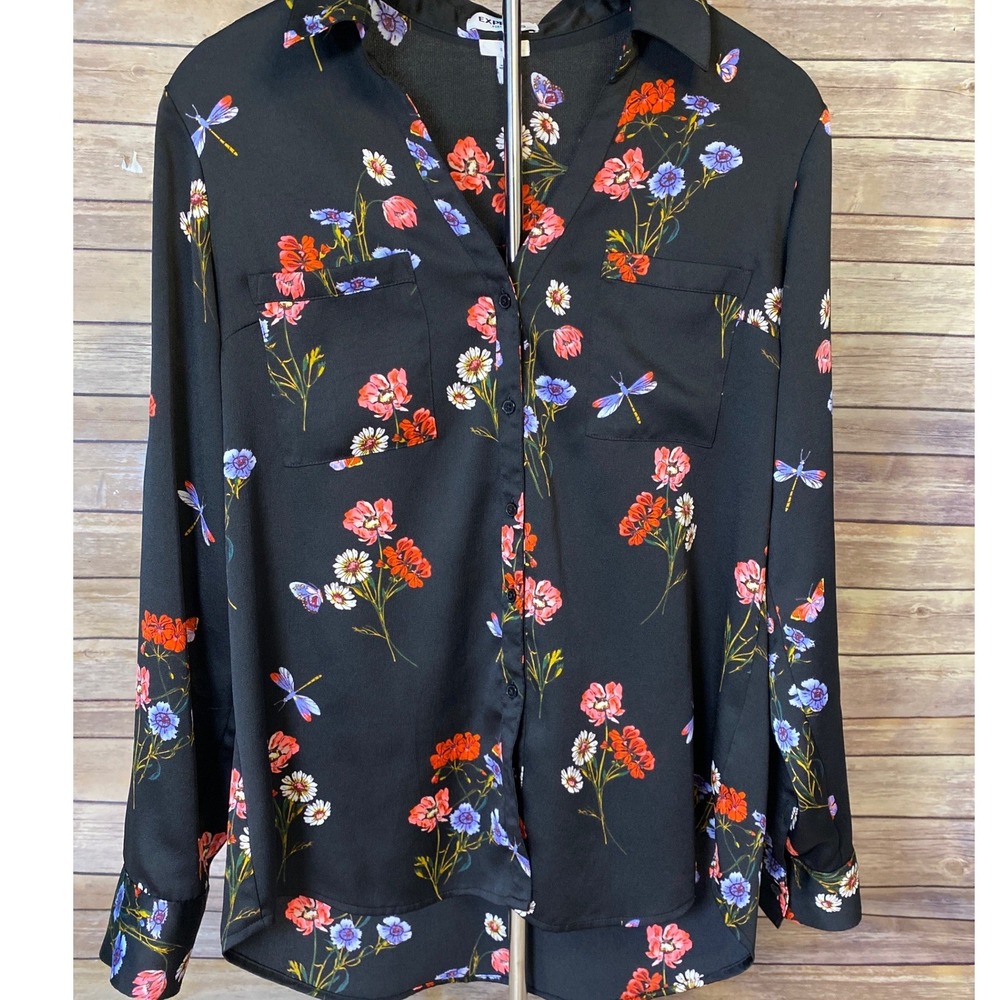Express Lightweight Slim Fit Floral Button Up V-Neck Tunic Blouse Women'sLarge